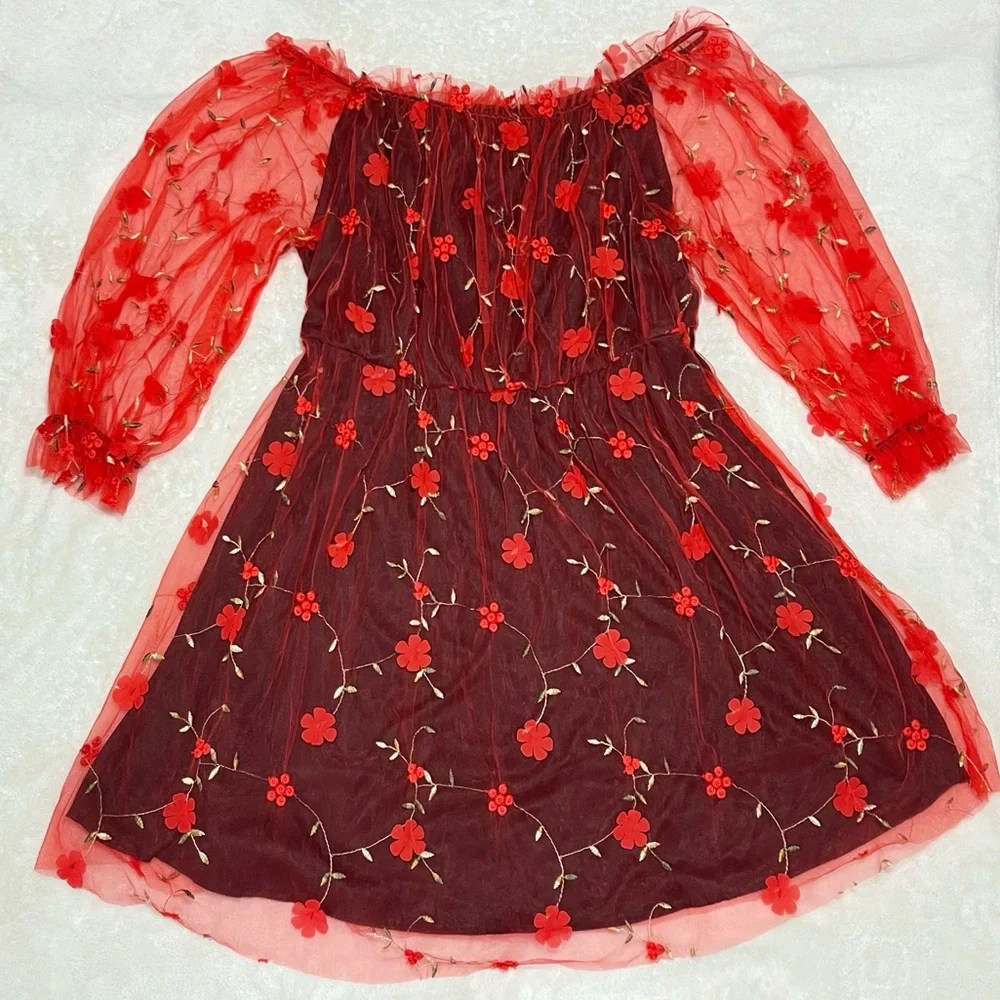 SHEIN Red Embroidered Mesh Bardot Dress - Picture 1 of 5